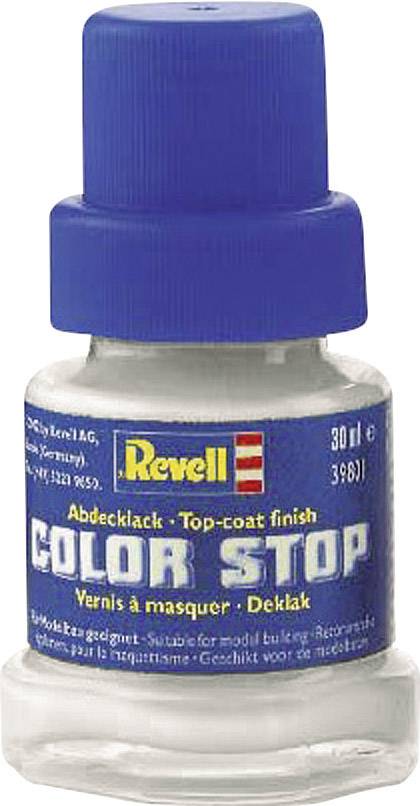 Malá fľaštička 'Revell Color Stop' s modrým uzáverom; krycí lak pre modelárstvo, 30 ml.