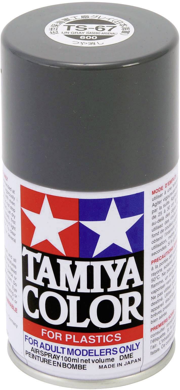 Sprejová dóza s nápisom 'Tamiya Color for Plastics' a výstražnými upozorneniami nižšie. Navrhnutá pre dospelých modelárov.