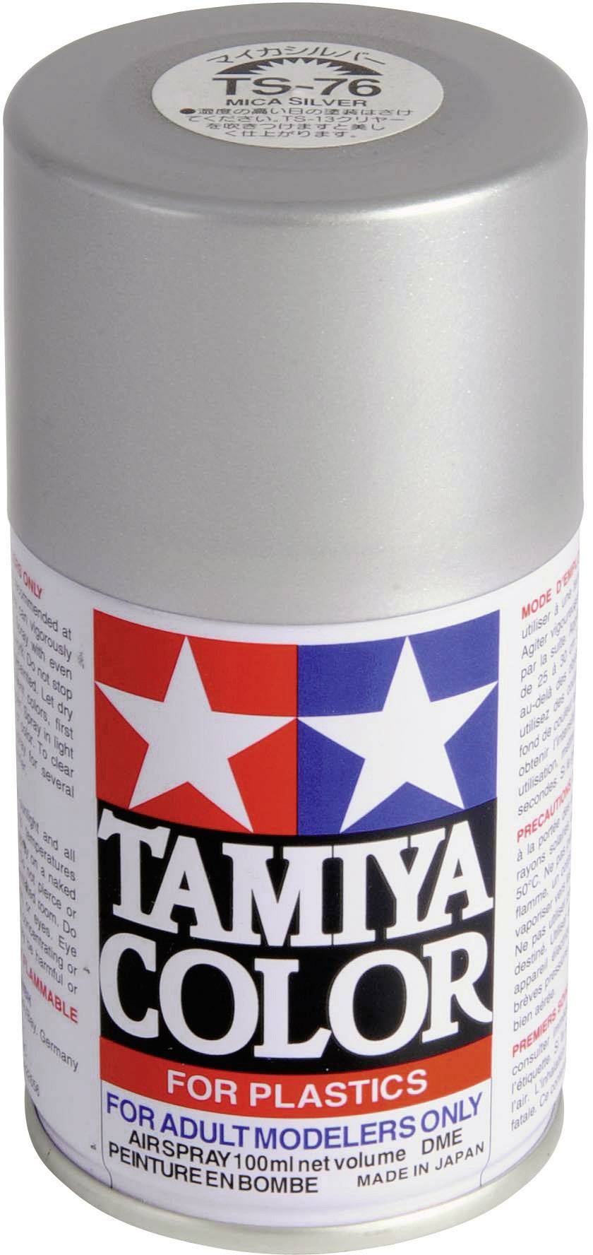 Sivý sprej Tamiya Color pre plastikové modely, 100 ml. Nápis: 'IBA PRE DOSPELÝCH MODELÁROV'. Vyrobené v Japonsku.