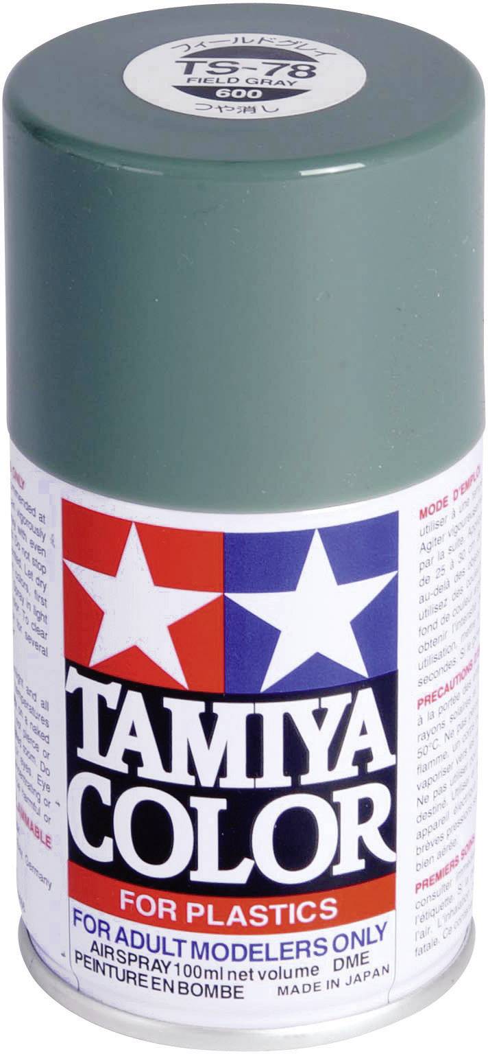 Sprej 'TAMIYA COLOR' na plastové diely; tmavá zelená farba. Vhodný pre dospelých modelárov. Objem 100 ml.