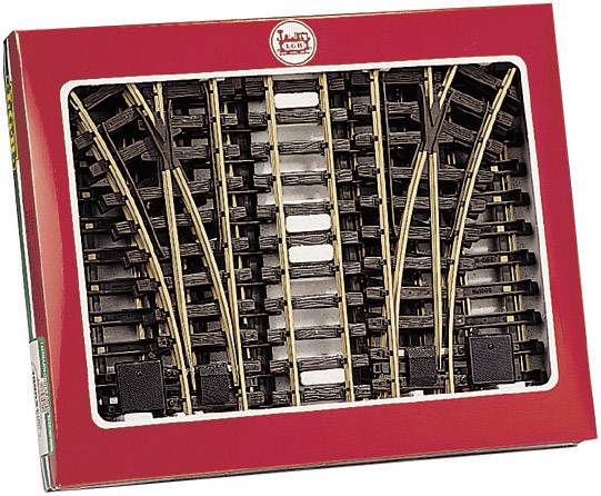 Súprava koľají pre model vlaku v originálnom balení, obsahuje výhybky a priame koľajové úseky, vhodné pre modelové železničné súpravy.