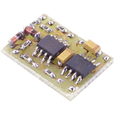 Malá elektronická doska plošných spojov s rôznymi mikročipmi a komponentmi vrátane kondenzátorov a odporov na svetlom povrchu.