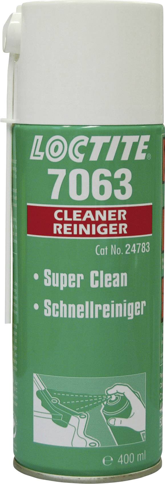 Zelená sprejová nádoba s bielym uzáverom, označená nápisom 'LOCTITE 7063 Cleaner Reiniger', s objemom 400 ml.