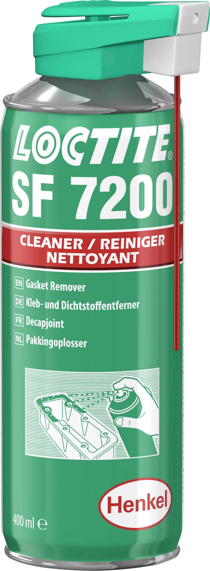 Obrázok znázorňuje sprej 'Loctite SF 7200', ktorý sa používa ako odstraňovač lepidiel a tmelov. Objem je 400 ml, značka Henkel.