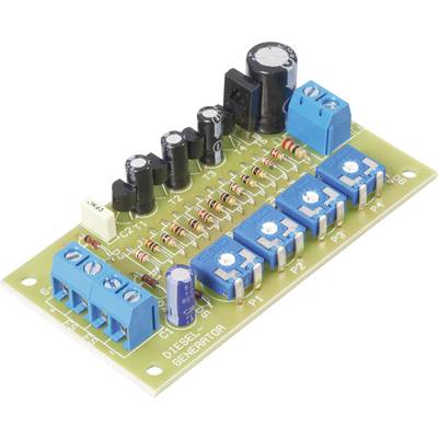 Elektronická doska plošných spojov s viacerými odpormi, kondenzátormi a modrými potenciometrami. Text na doske: 'Dieselový generátor'.