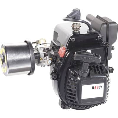Reely benzínový motor pre RC modely. Čierne telo s vzduchovým filtrom a červeným spínačom na boku.