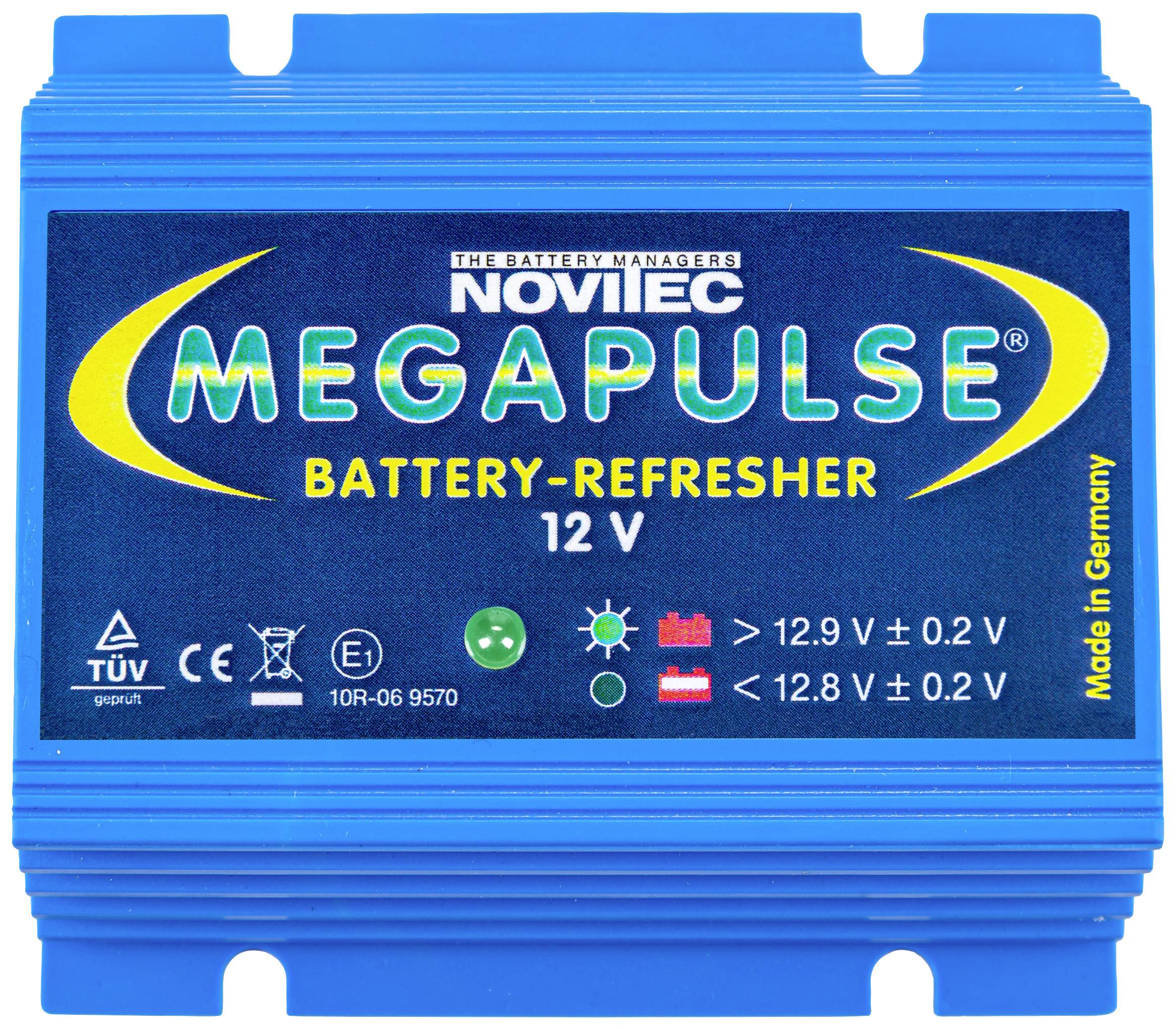 Modrý kryt zariadenia 'MEGAPULSE Battery-Refresher' pre 12V batérie, s certifikátmi a nápisom 'Made in Germany' vpravo.
