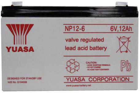 Batéria značky Yuasa, model NP12-6, 6V, 12Ah, ventilom regulovaná, technológia olovenej kyseliny, určená pre núdzové a bezpečnostné použitie.