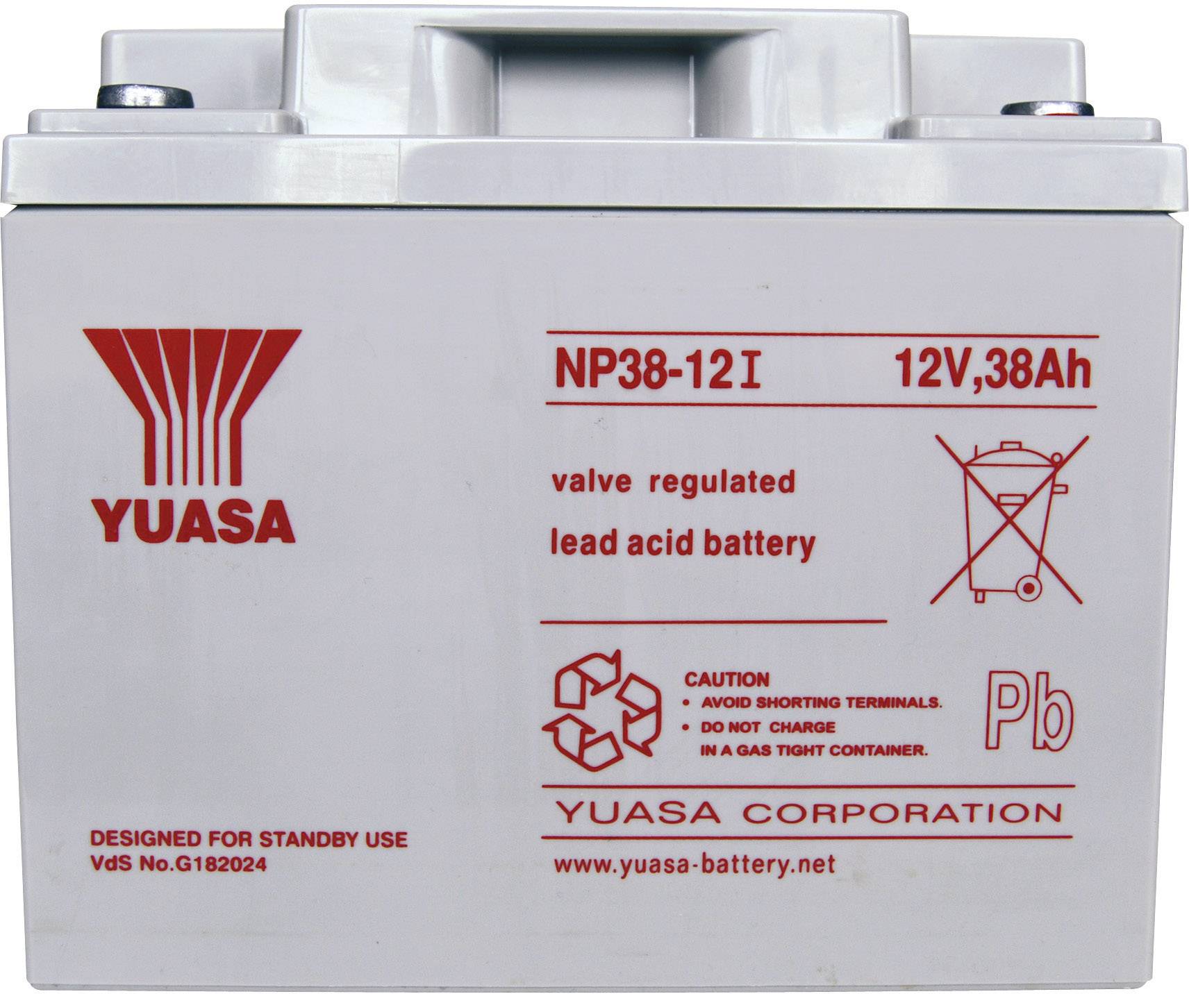 Biela olovenokyselinová batéria značky Yuasa, model NP38-12I, 12V a 38Ah, vrátane výstražných upozornení pre bezpečné používanie a likvidáciu.