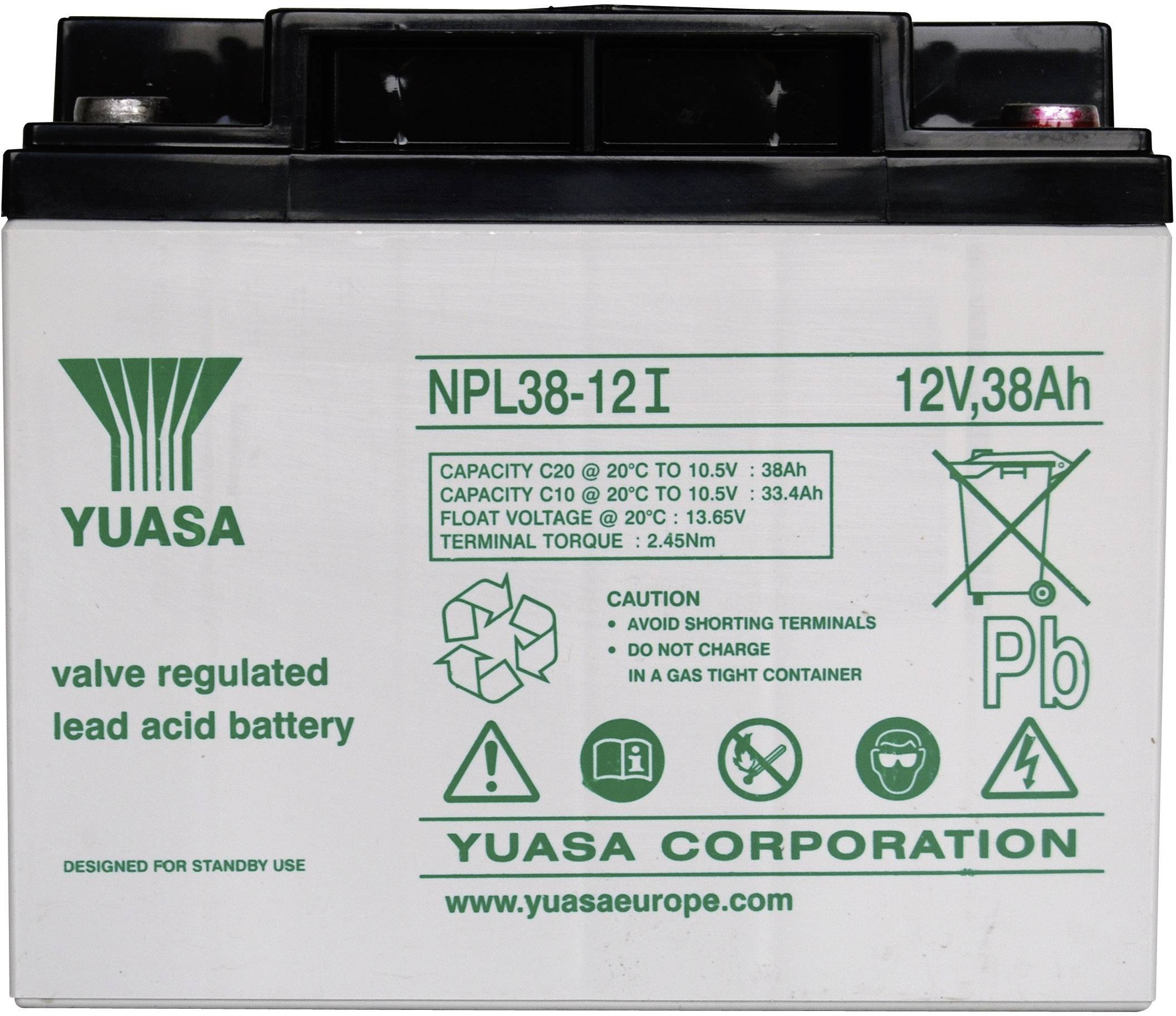 Olovený akumulátor so značkou 'YUASA', model 'NPL38-12I', kapacita 38Ah, napätie 12V. Výstražné upozornenia a technické špecifikácie.