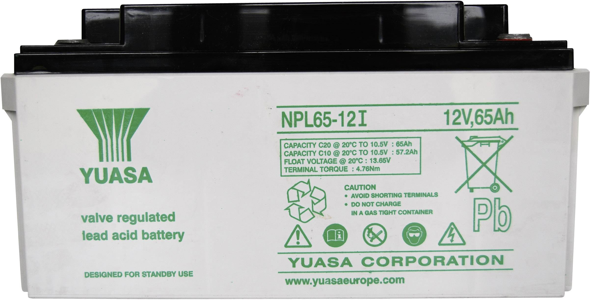 Olovený akumulátor Yuasa, model NPL65-12I, 12V, 65Ah, s bezpečnostnými a prevádzkovými pokynmi na prednej strane.