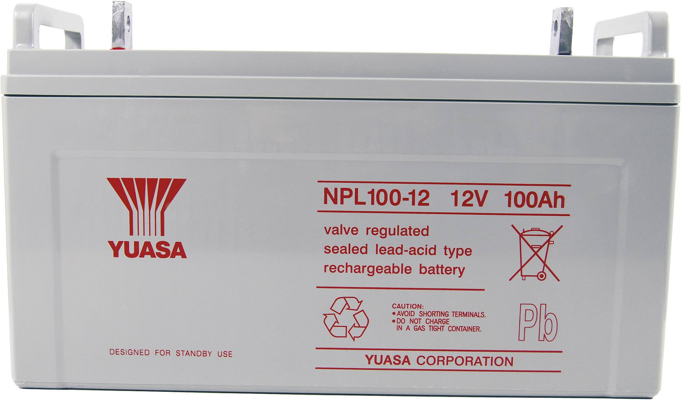 Batéria značky Yuasa, model NPL100-12, 12V, 100Ah, vetraná, uzavretého oloveného kyselinového typu, vhodná pre núdzové napájanie.