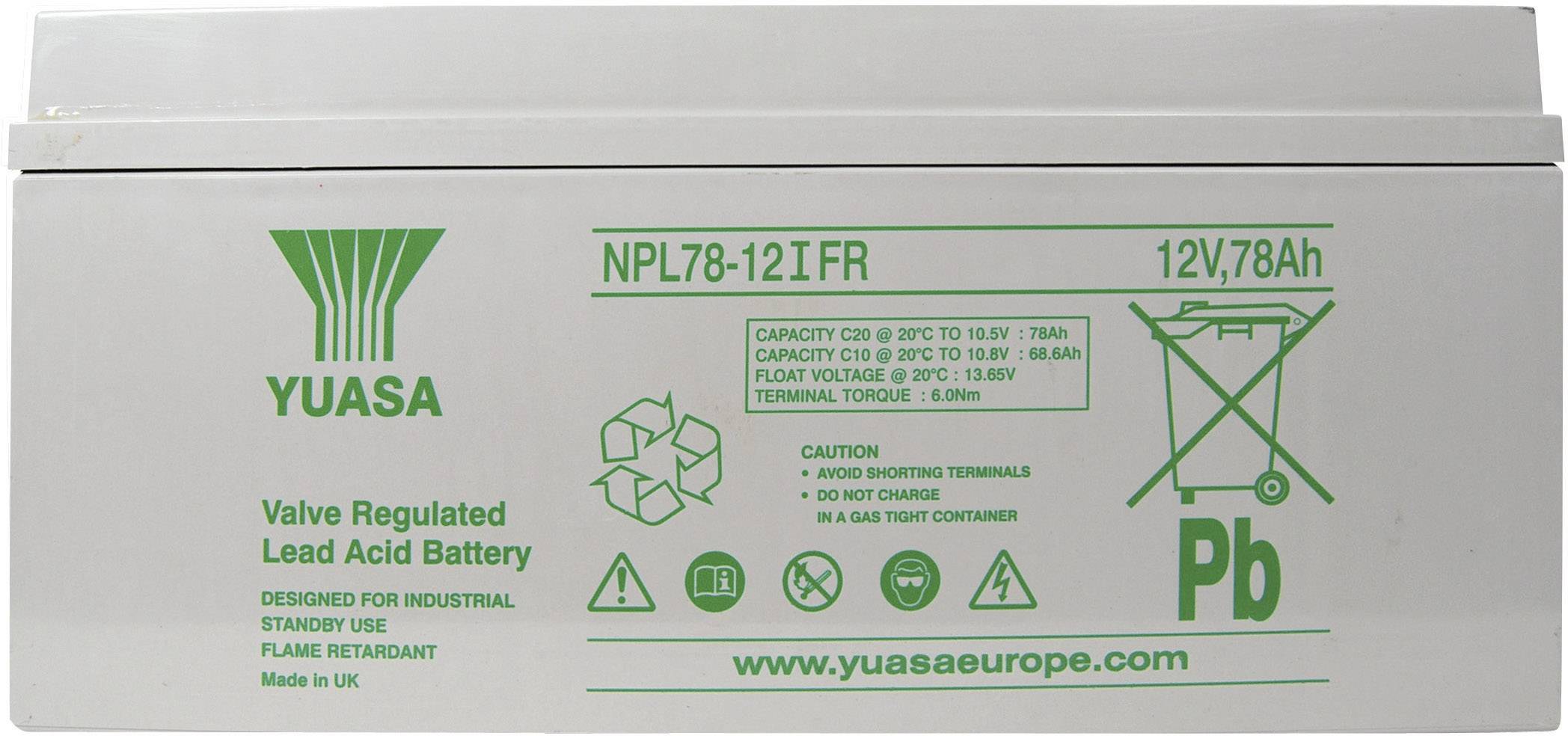 'YUASA ventilom regulovaný olovený akumulátor, model NPL78-12I FR, kapacita: 78Ah, napätie: 12V. Vhodný pre priemyselné použitie, samozhášavý.'