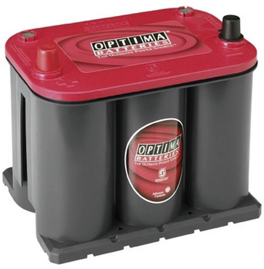 Autobatéria s červeným krytom a čiernym púzdrom. Na hornej strane logo 'Optima Batteries'.