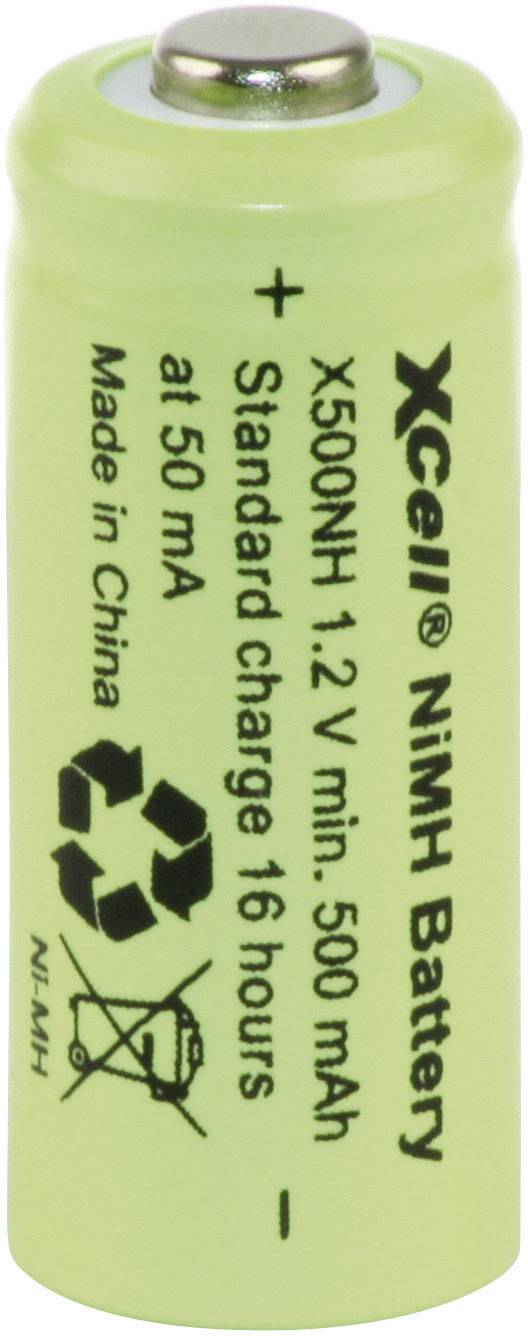 Zelená NiMH batéria s nápisom "XCell 1,2V 500mAh". Zobrazené sú návod na nabíjanie, kapacita, krajina pôvodu a symbol recyklácie.