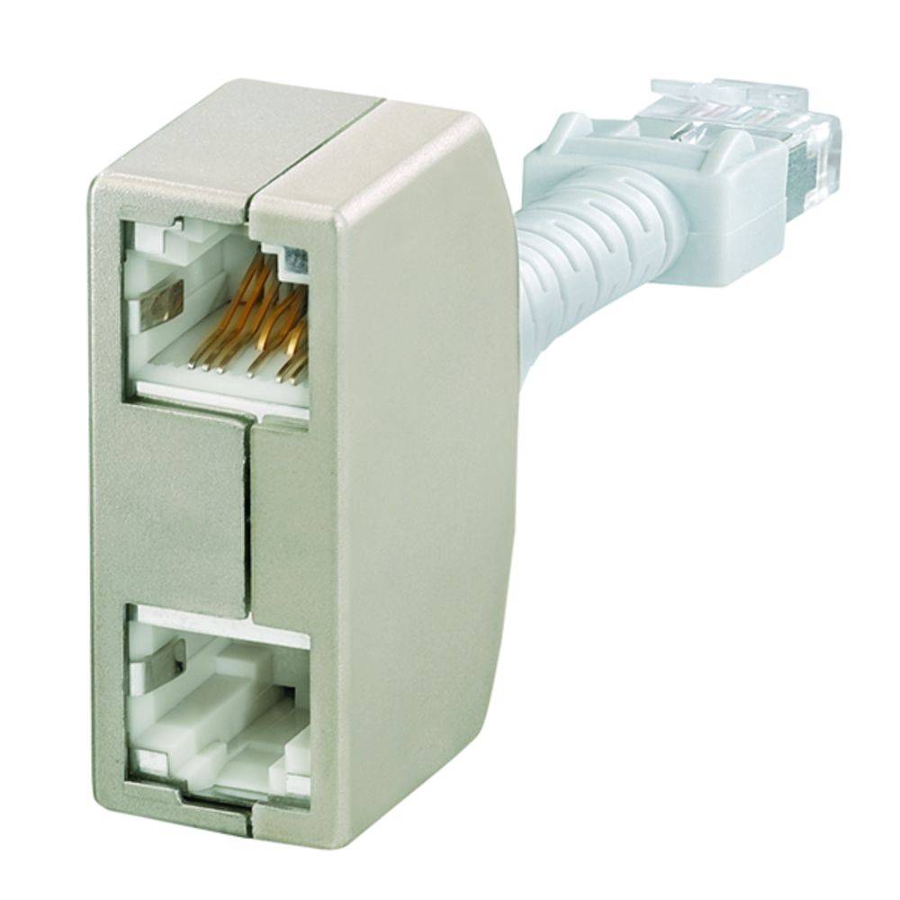 Ethernetový rozvádzač s dvomi RJ45 portami a jedným káblom. Vhodný pre prepojenie sieťových káblov v domácej alebo kancelárskej sieti.