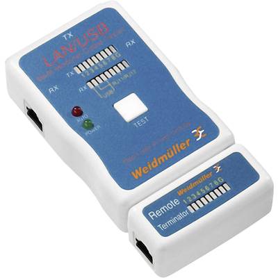 Weidmüller LAN USB tester s prípojkami, LED diódami pre testovaciu indikáciu a vzdialeným terminátorm. Biele puzdro s modrým potlačením.