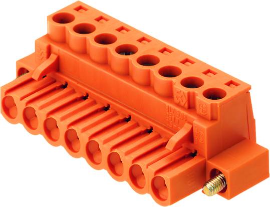 Oranžový viacpólový konektor so skrutkovým mechanizmom, vhodný pre elektrické zapojenia.