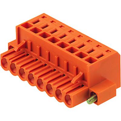 Oranžový konektor s viacerými vývodmi a skrutkou na boku, vhodný pre elektrické káblové pripojenia.