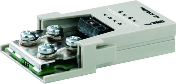 Konektor Profibus DP v sivej farbe s integrovanou elektronikou. Štyri skrutkové svorky a viaceré prípojky viditeľné, určené pre priemyselnú komunikáciu.
