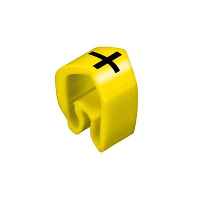 Žltý, štvorcový symbol s čiernym 'X' hore.