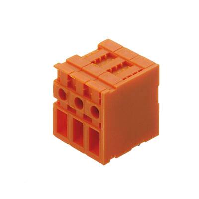 Oranžový blok konektorov s piatimi pripojovacími otvormi, vhodný pre elektrické inštalácie.