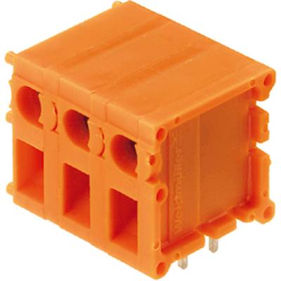 Oranžový konektor s tromi konektorovými otvormi a piatimi kovovými kontaktmi na spodnej strane.