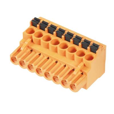 Oranžový viacmiestny konektor s čiernymi svorkami. Vhodný pre elektrické prepojenia.