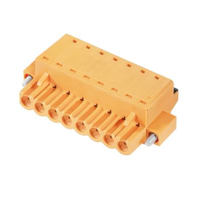 Oranžový elektrický konektor s viacerými prípojkami v obdĺžnikovom tvare. Obsahuje kovové kontakty a skrutkové upevnenia.