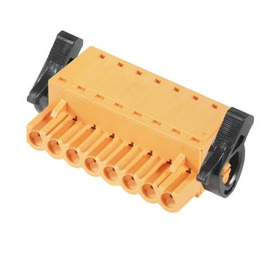 Oranžový elektrický konektor s ôsmimi kontaktmi a čiernymi bočnými pákami pre bezpečné upevnenie káblov.