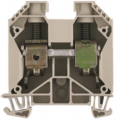 Sivý elektrický svorkovnicový pás v priečnom reze zobrazuje kovové spoje a pružinové mechanizmy.