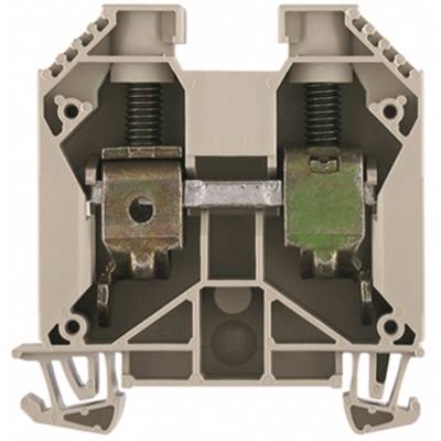 Sivý elektrický svorkovnicový pás v priečnom reze zobrazuje kovové spoje a pružinové mechanizmy.