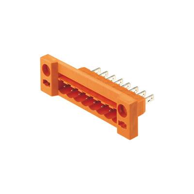 Oranžový konektor s viacerými kovovými pinmi, vhodný pre elektronické prepojenia.