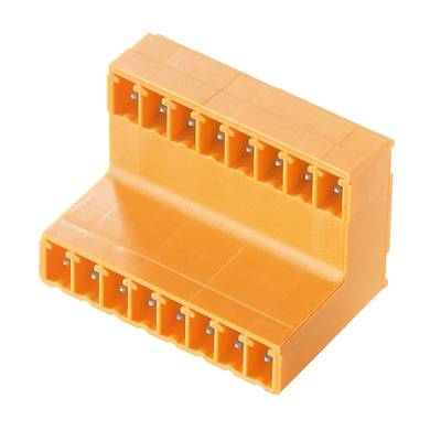 Oranžový plastový konektor s viacerými pripojovacími svorkami v obdĺžnikovom tvare, vhodný pre elektronické zapojenia.