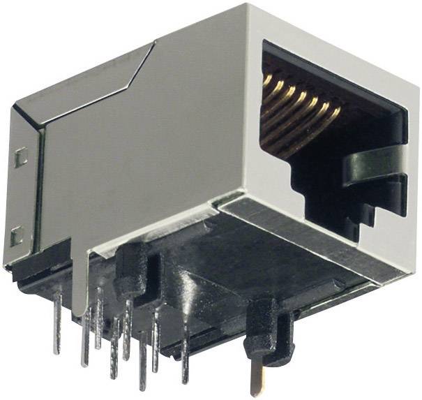 Detailný záber ethernetového portu s kovovým krytom, ktorý zobrazuje prednú stranu sieťového konektora.