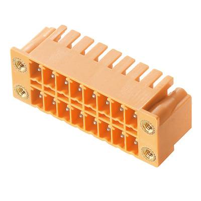Horizontálne orientovaný oranžový konektor s viacerými slotmi zobrazuje zlatisté kontakty.