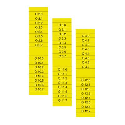 Žlté meracie pravítka s číslami od 0,0 do 12,7 v krokoch po 0,1. Každé číslo má vľavo malý krúžok.