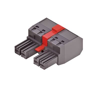 Sivá, obdĺžniková elektrická zástrčka s červeným poistným klipom. Má niekoľko pripojovacích kovových kontaktov na prednej strane.
