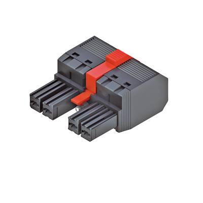 Dva sivé elektrické konektory so červenými zámkami vedľa seba na bielom pozadí.