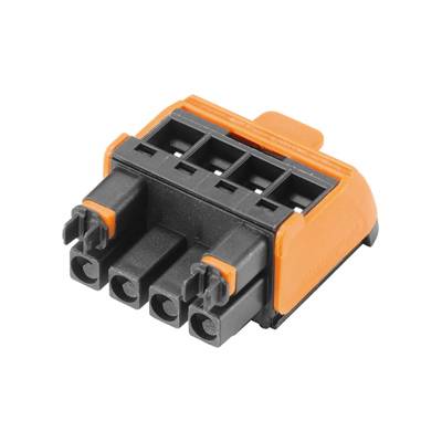 Čierny a oranžový elektronický konektor so štyrmi portami, vhodný pre káblové prepojenia v elektrických inštaláciách.