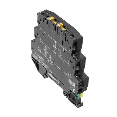 Elektronický modul v čiernej farbe so žltými konektormi. Nesie technické označenia a značku CE.