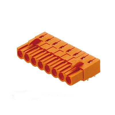 Oranžový konektor s ôsmimi kontaktmi. Je vhodný pre elektronické prepojenia a zobrazuje stranu zásuvky.