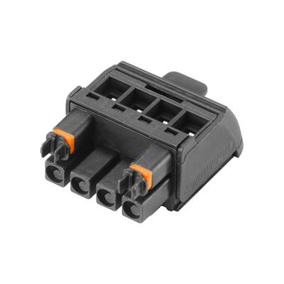 Čierny elektrický konektor so štyrmi zásuvkami v dvoch radoch. Na konektorových miestach sú viditeľné oranžové detaily.