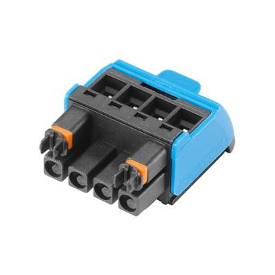 Štvorpólový elektrický konektor, čierny a modrý, určený na prepojenie káblov v elektrických systémoch.
