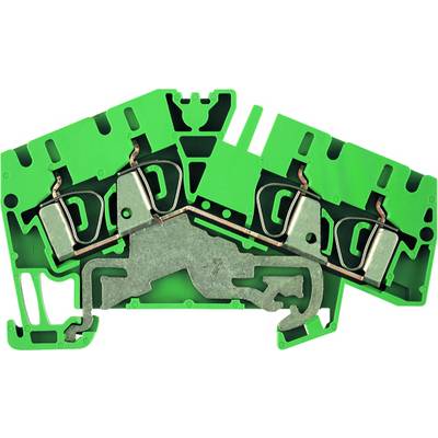 Zelený konektor s tromi svorkami a kovovými kontaktmi, ktoré umožňujú elektrické prepojenie.