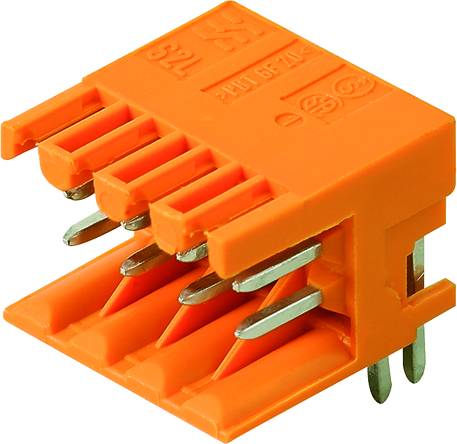 Oranžový šesťpólový konektor s kovovými kolíkmi, vhodný pre elektronické prepojenia v zariadeniach.