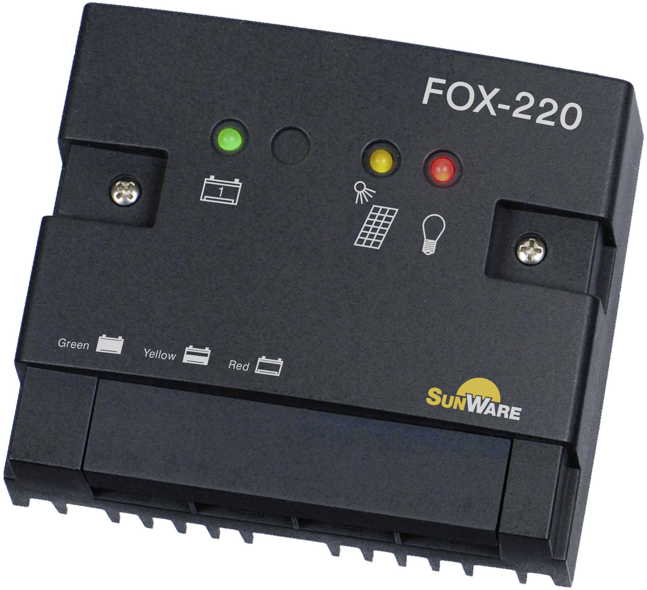 Čierny solárny regulátor nabíjania 'FOX-220' od SunWare s LED indikátormi. Symboly batérie, solárneho modulu a lampy na prednej strane.