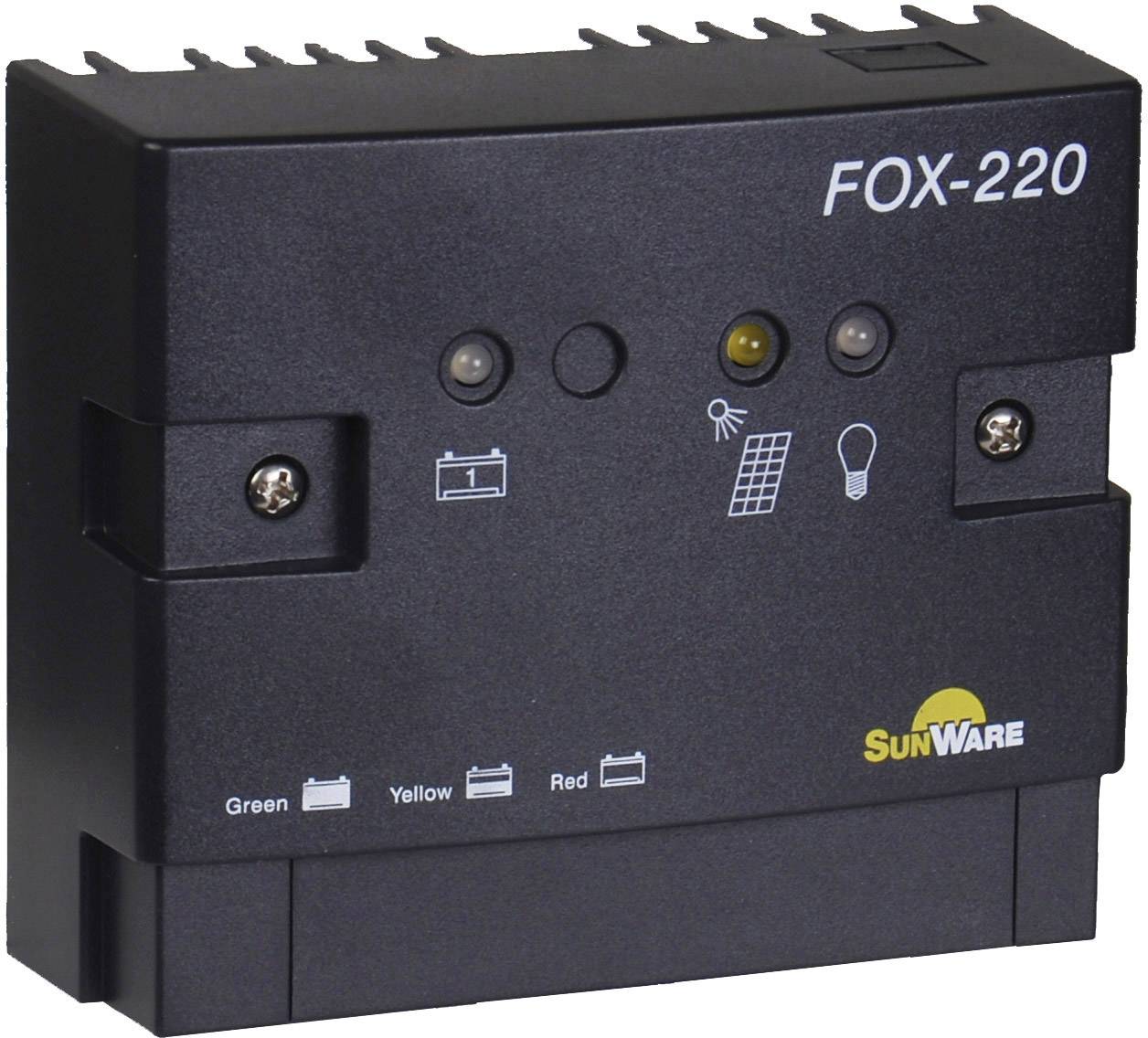 Čierny solárny regulátor nabíjania FOX-220 s tromi LED indikátormi, symbolmi batérie, solárneho panela, lampy a firemným logom 'SunWare'.