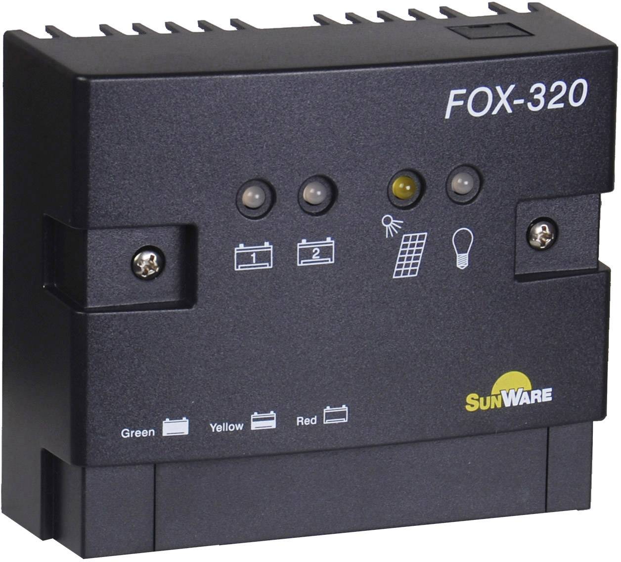 Čierny solárny regulátor nabíjania 'FOX-320' so symbolmi a LED indikátormi pre stav batérie a solárneho panela. Výrobca: SunWare.