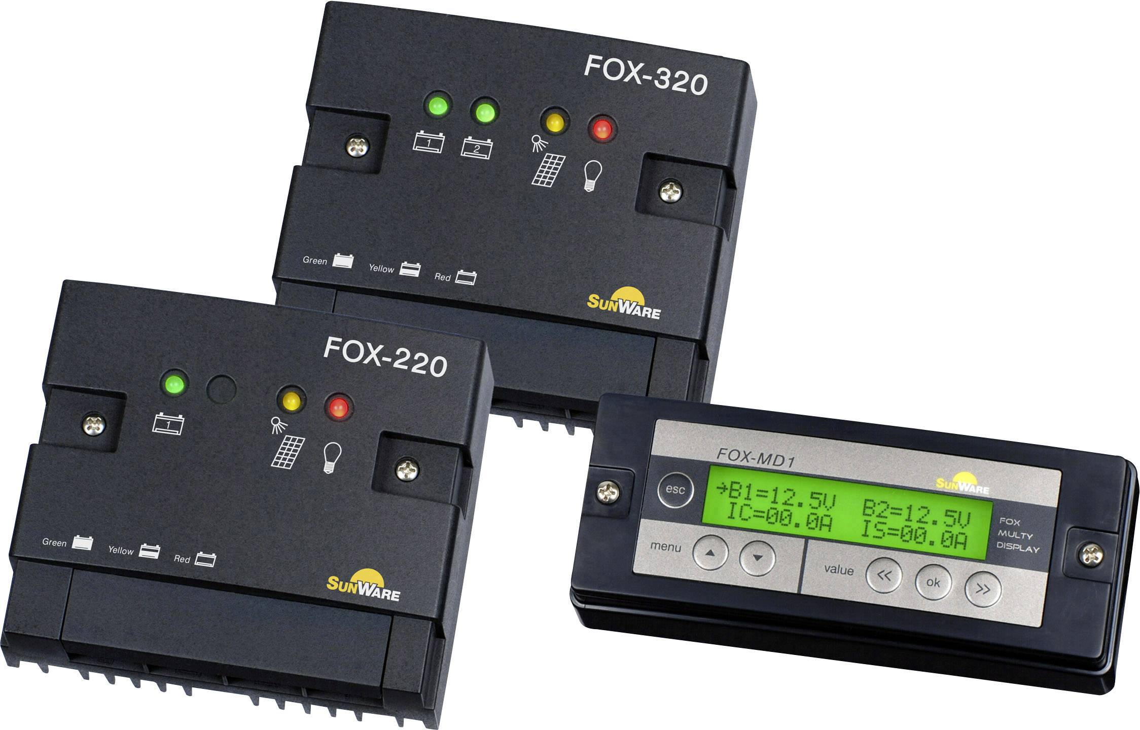 Solárny regulátor nabíjania FOX-220 a FOX-320 s ovládacou jednotkou. Zobrazuje prevádzkový stav pomocou LED indikátorov a LCD displeja na zobrazenie napätia.